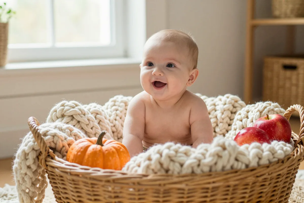 Happy baby sitting in a wicker basket with mini pumpkins and apples in a cozy living room