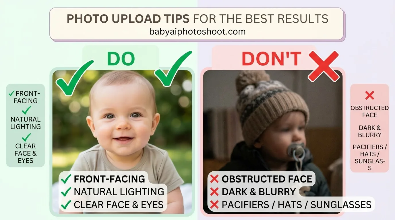 Photo upload tips for AI baby portraits: front-facing, well-lit photos work; blurry photos and hats or pacifiers do not