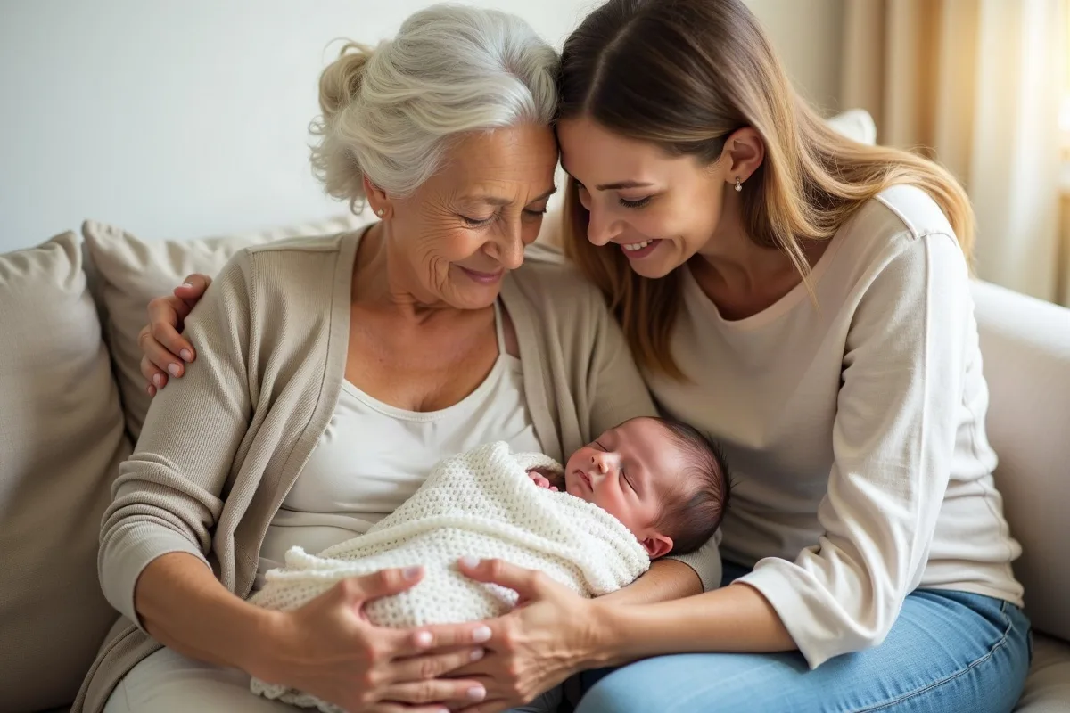 Grandmother holding a sleeping newborn on a sofa with her daughter beside her