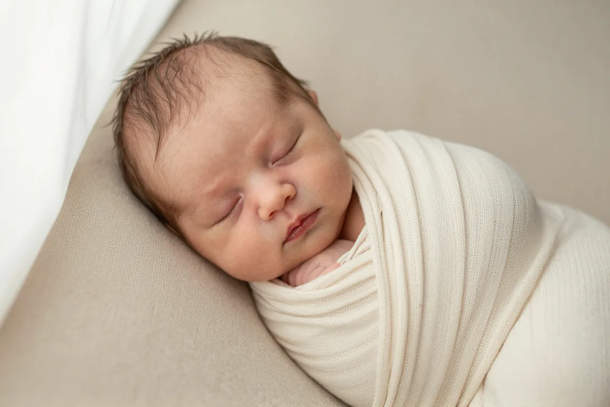 Sleeping newborn swaddled in a cream knit wrap on an oat blanket in soft window light