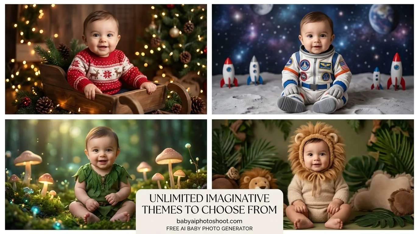 Four AI baby portraits: Christmas sleigh, astronaut on the moon, woodland mushrooms and a lion costume