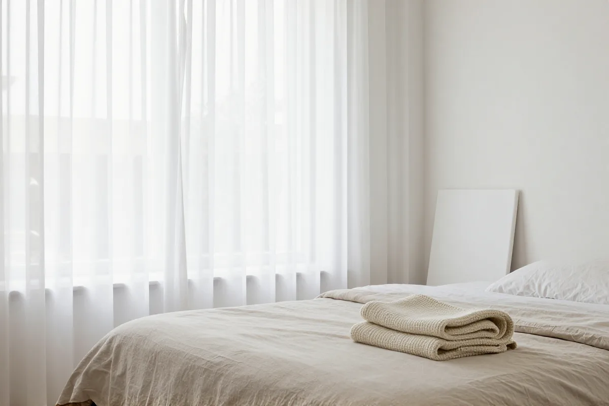 Bed beside a large window with sheer curtains, an oat blanket and a white reflector board set up for newborn photos
