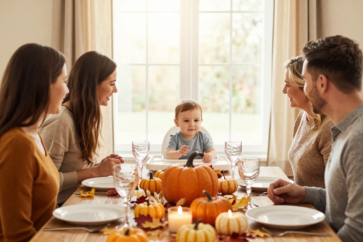 Family smiling at a baby in a high chair at a Thanksgiving table decorated with pumpkins and leaves