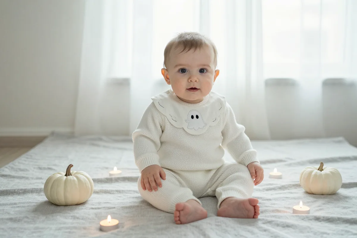 Baby in a white knit ghost romper sitting with small white pumpkins and battery tea lights