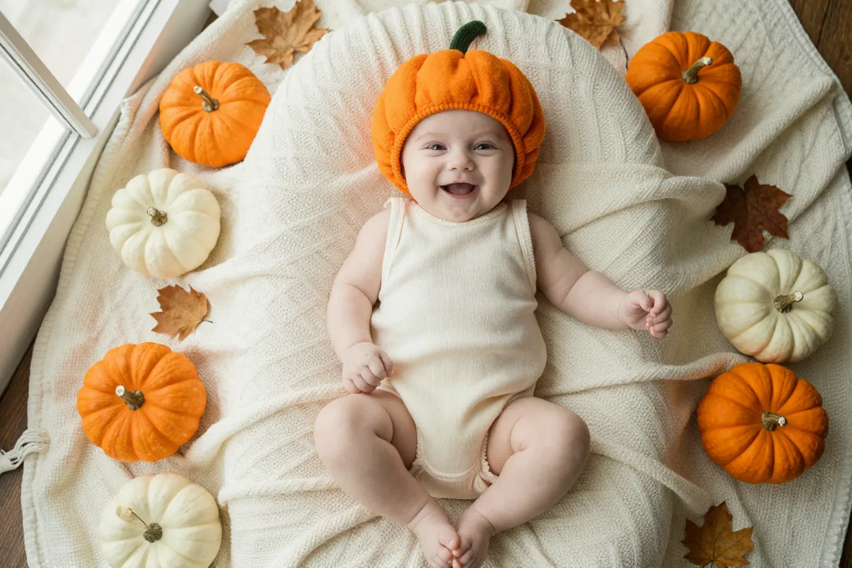 Baby in an orange knit pumpkin hat lying on a cream blanket surrounded by small pumpkins