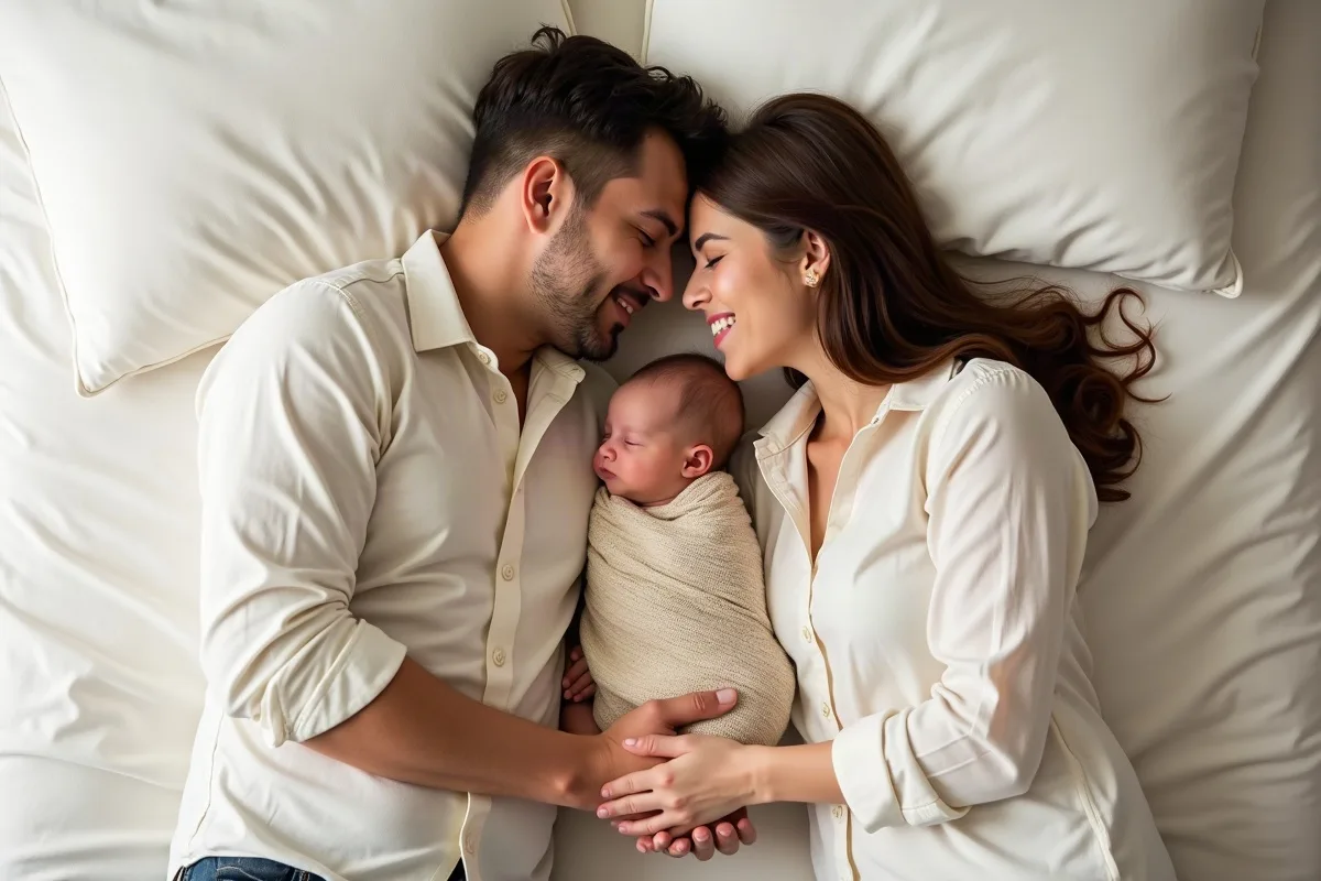 Parents lying on a white bed with a sleeping swaddled newborn between them