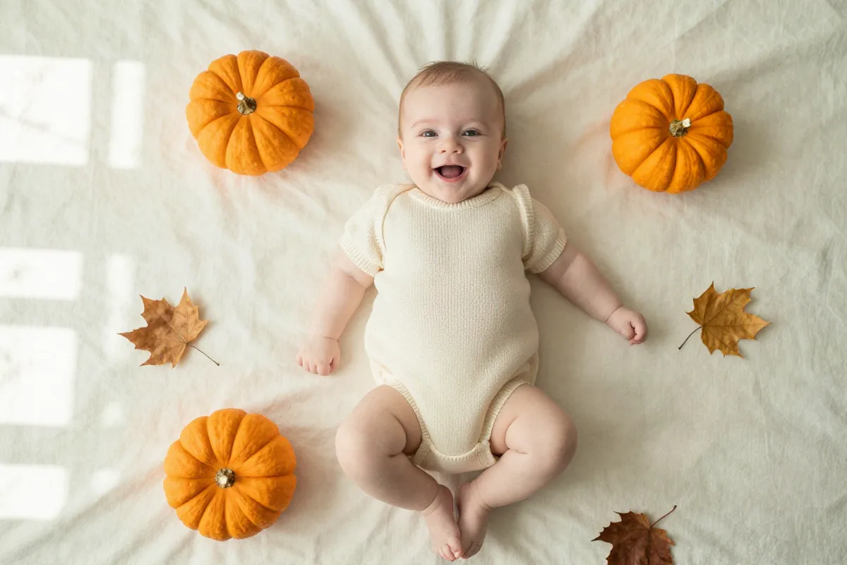 Smiling baby in a cream knit romper on a blanket surrounded by small pumpkins and autumn leaves